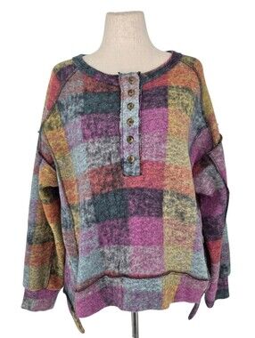 BIBI Multicolor Patchwork Plaid HenleyOversized Sweater Top Large